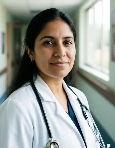 A smiling female doctor in her thirties wearing a white coat and stethoscope standing in a bright hospital hallway