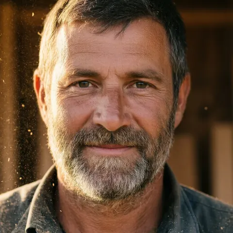 A smiling carpenter with gray beard standing in a wood workshop with sawdust in the air