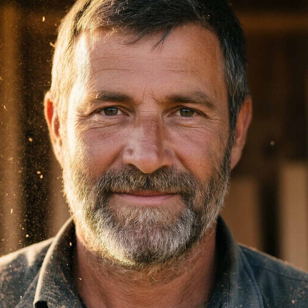 A smiling carpenter with gray beard standing in a wood workshop with sawdust in the air