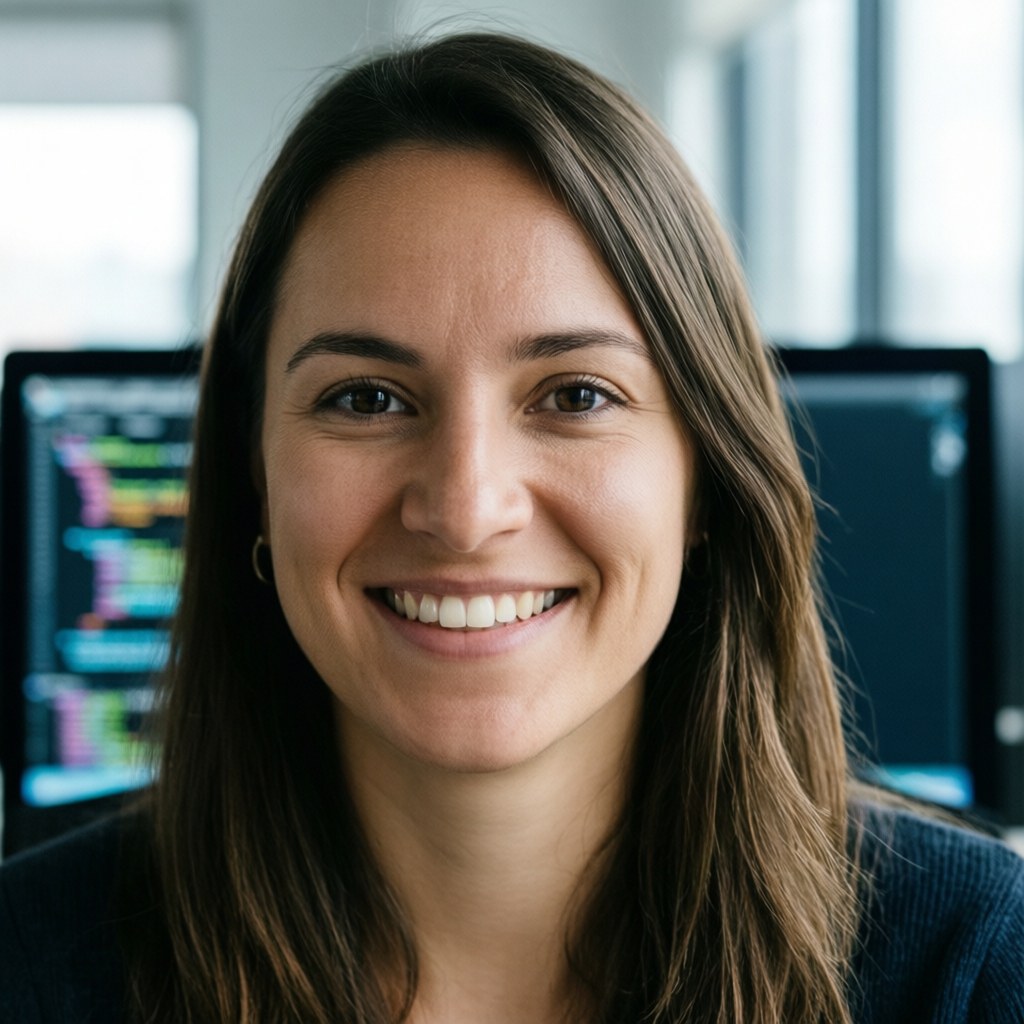 Young female programmer smiling at the camera with blurred monitors in the background of a modern office.