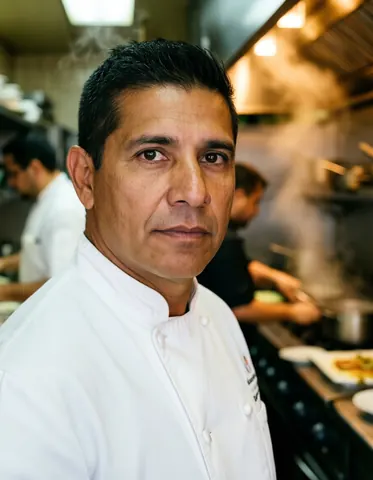Middle-aged chef wearing a white jacket standing in a restaurant kitchen with steam and warm lighting in the background