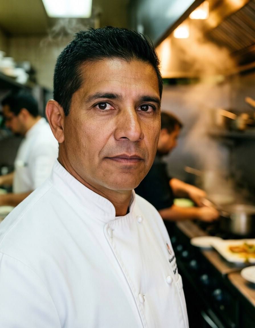 Middle-aged chef wearing a white jacket standing in a restaurant kitchen with steam and warm lighting in the background