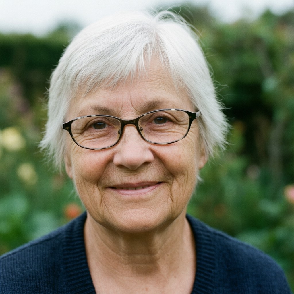 A senior woman with white hair and reading glasses smiles gently in a garden with soft lighting