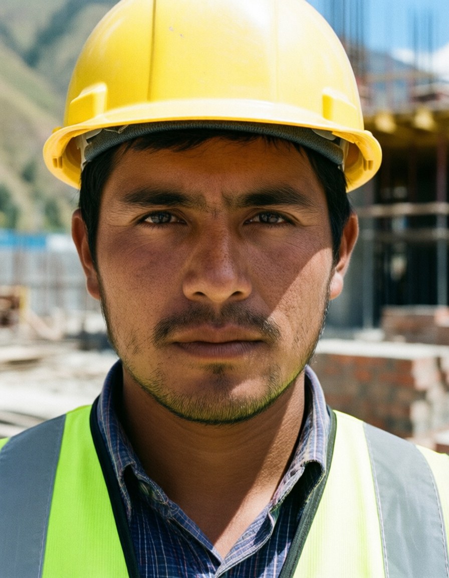 A civil engineer in his thirties wearing a yellow hard hat and safety vest standing on a construction site