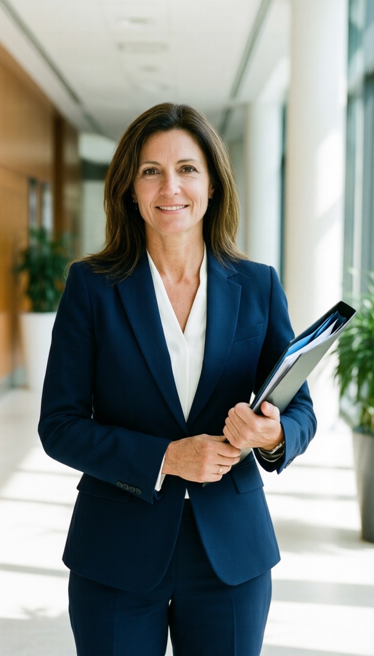 Professional female attorney in navy blue suit holding a document folder in a bright office lobby