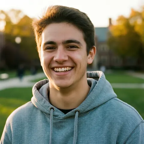 A twenty-four-year-old male student wearing a gray hoodie laughs while standing on a university campus during sunset.