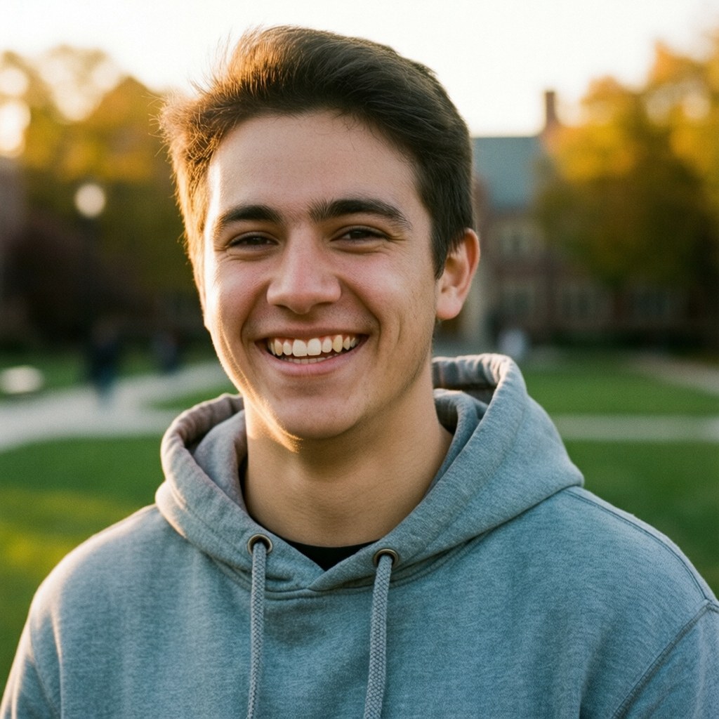 A twenty-four-year-old male student wearing a gray hoodie laughs while standing on a university campus during sunset.