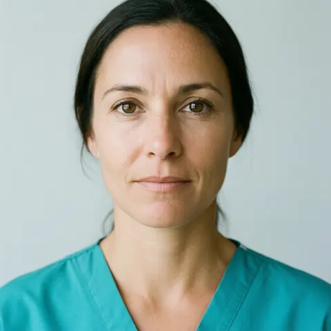 Portrait of a nurse in her forties wearing a teal uniform against a light gray studio background