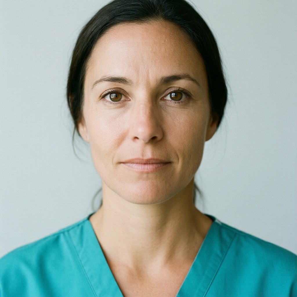 Portrait of a nurse in her forties wearing a teal uniform against a light gray studio background