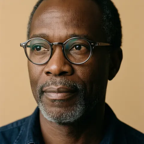 Studio portrait of a fifty-five-year-old architect with round glasses against a warm beige background