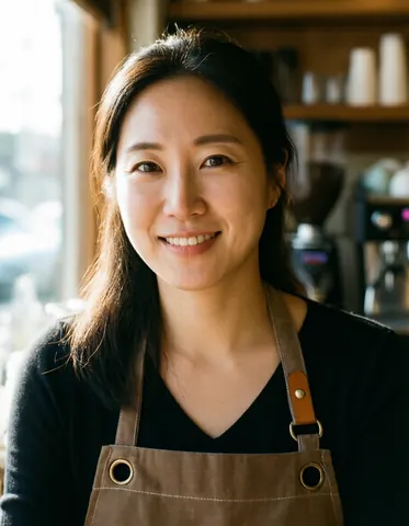 A smiling barista wearing a brown apron stands behind the counter of a small coffee shop in morning light