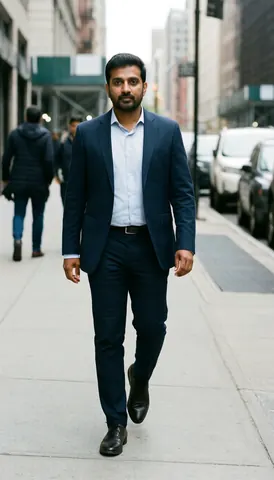 A man in office attire walking along an urban sidewalk on a cloudy day