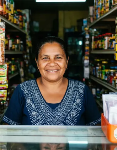 A woman in her sixties stands behind the counter of a neighborhood grocery store, smiling with product shelves visible in the background.