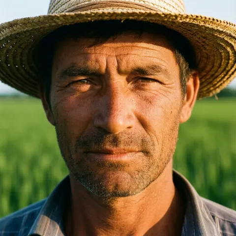 Weathered farmer in his late forties wearing a straw hat standing in a green field at sunset