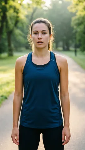 A woman in athletic wear catching her breath after a morning run on a park path