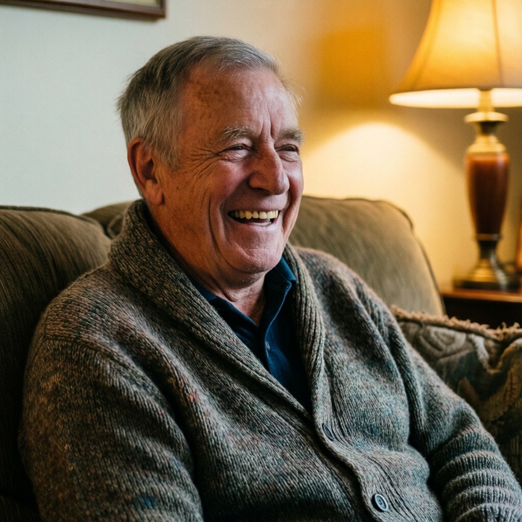 A cheerful senior man in his late sixties wearing a knit sweater laughs while sitting comfortably on a sofa in a cozy living room.