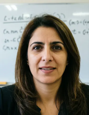 A female university professor stands in front of a blackboard filled with equations in a classroom setting