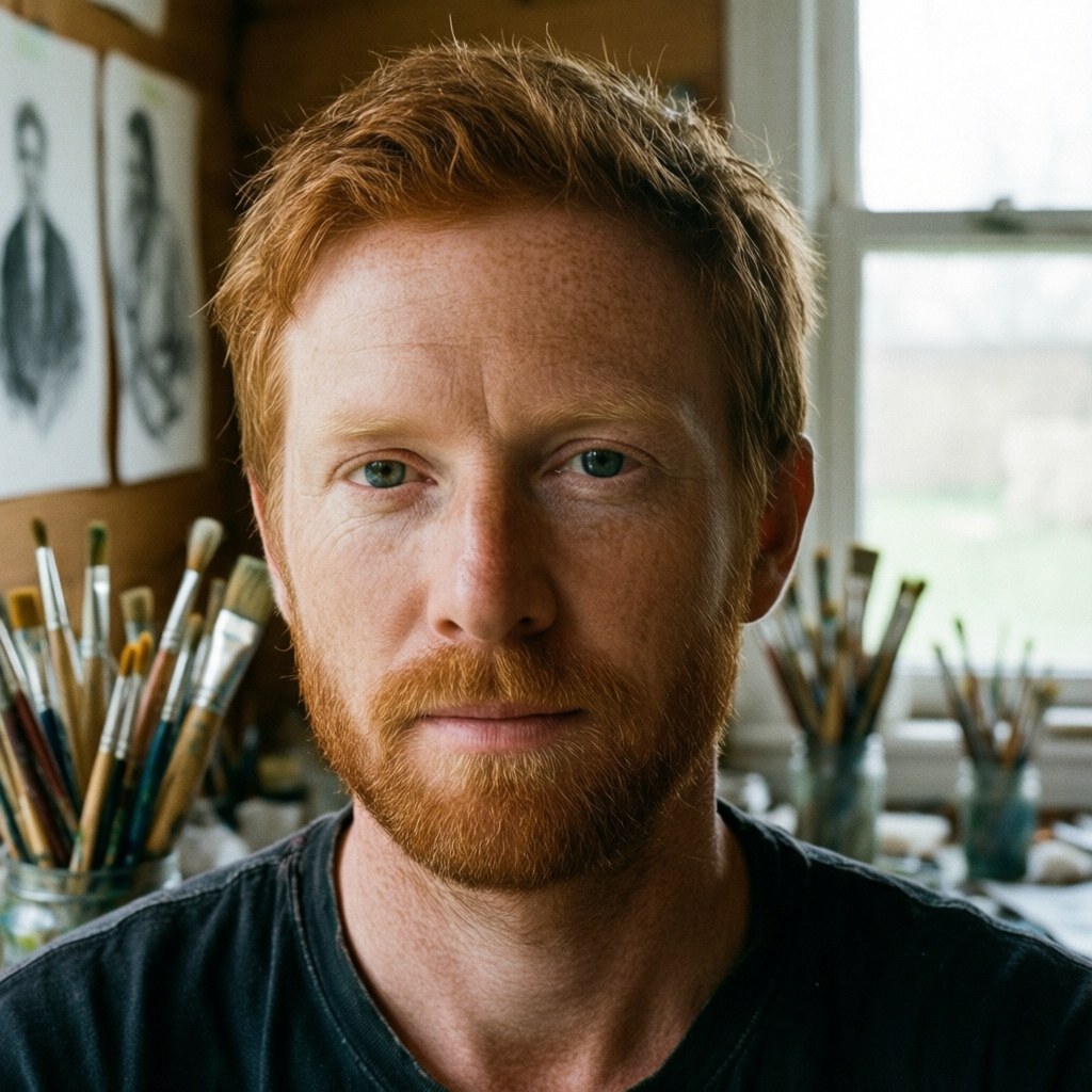 Red-haired illustrator with freckles working in his studio surrounded by brushes and sketches
