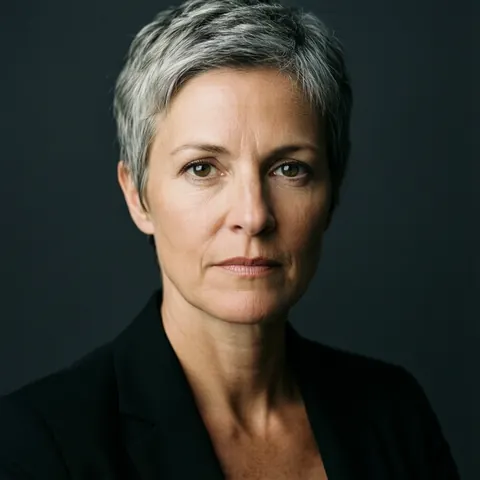 Serious looking businesswoman with short gray hair wearing a black blazer against a dark background