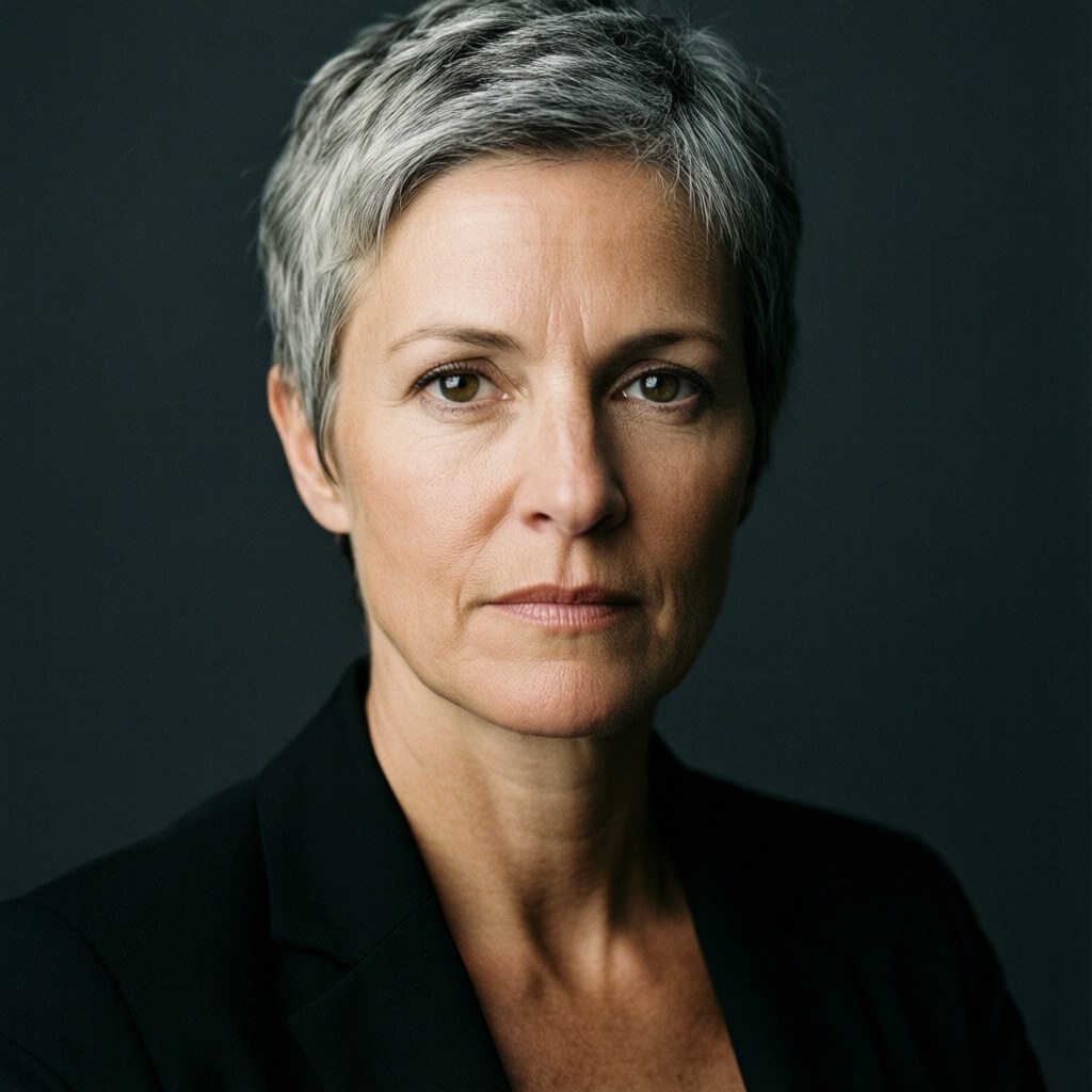 Serious looking businesswoman with short gray hair wearing a black blazer against a dark background