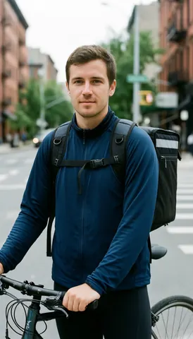 Young delivery courier with a shipping backpack standing beside his bicycle on a city street