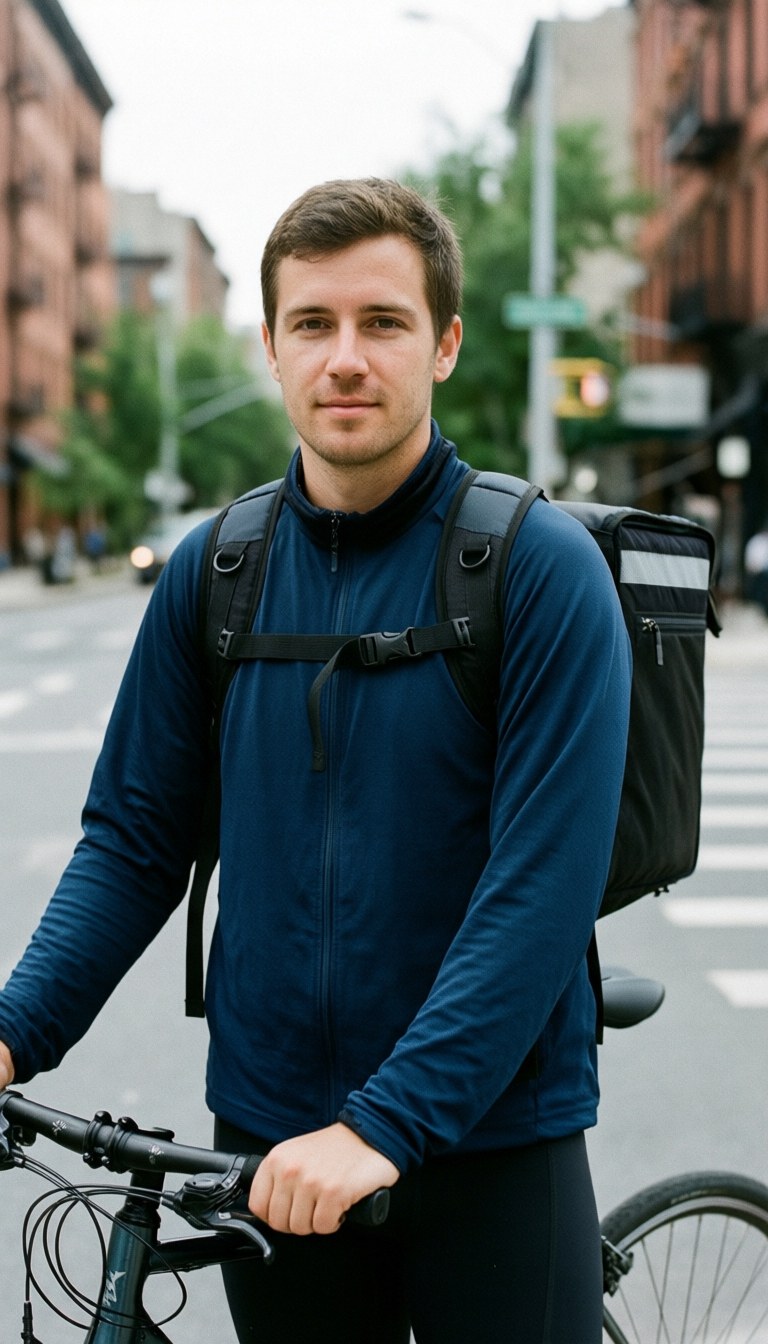 Young delivery courier with a shipping backpack standing beside his bicycle on a city street