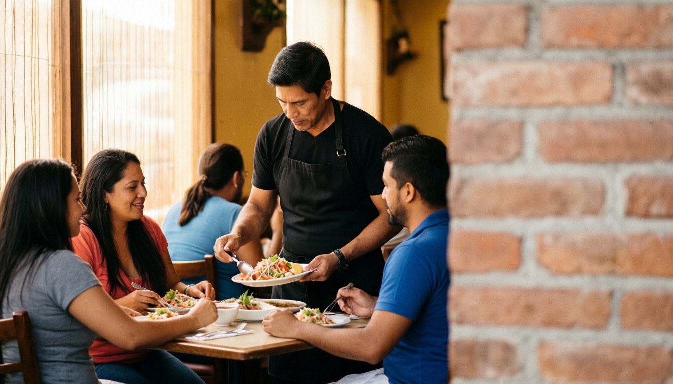 Waiter in black apron serving ceviche to friends at a family restaurant with brick wall for text