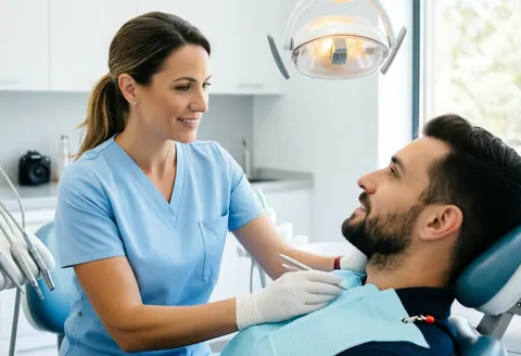 Dentist in light blue uniform checking adult patient in bright modern dental clinic