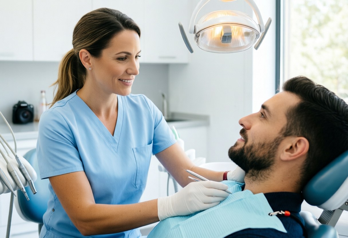 Dentist in light blue uniform checking adult patient in bright modern dental clinic