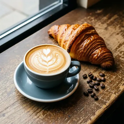 Top-down view of a cappuccino with latte art and a croissant on a wooden counter with coffee beans