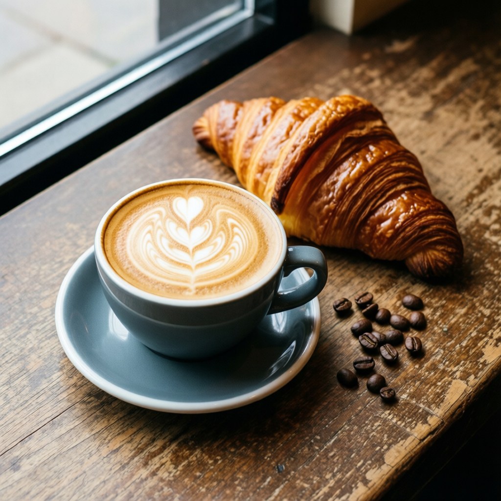 Top-down view of a cappuccino with latte art and a croissant on a wooden counter with coffee beans