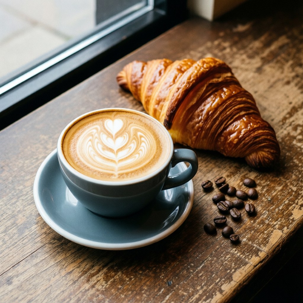 Top-down view of a cappuccino with latte art and a croissant on a wooden counter with coffee beans
