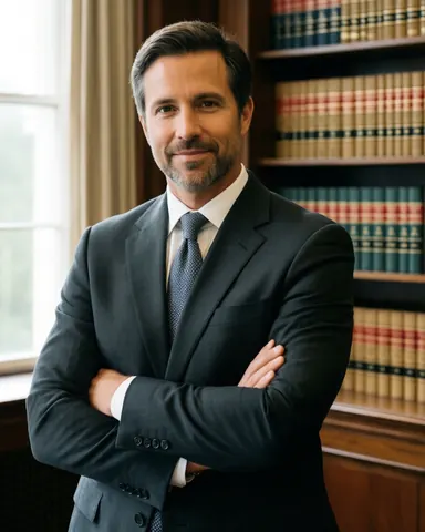 Middle-aged male attorney in a gray suit standing with arms crossed in an office with law bookshelves