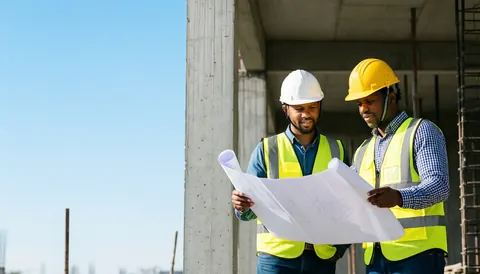 Two workers in hard hats and vests reviewing blueprints on a construction site with blue sky for text