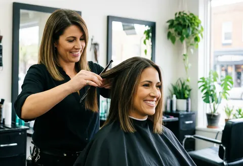 A stylist works on the hair of a smiling female client in a bright salon with plants