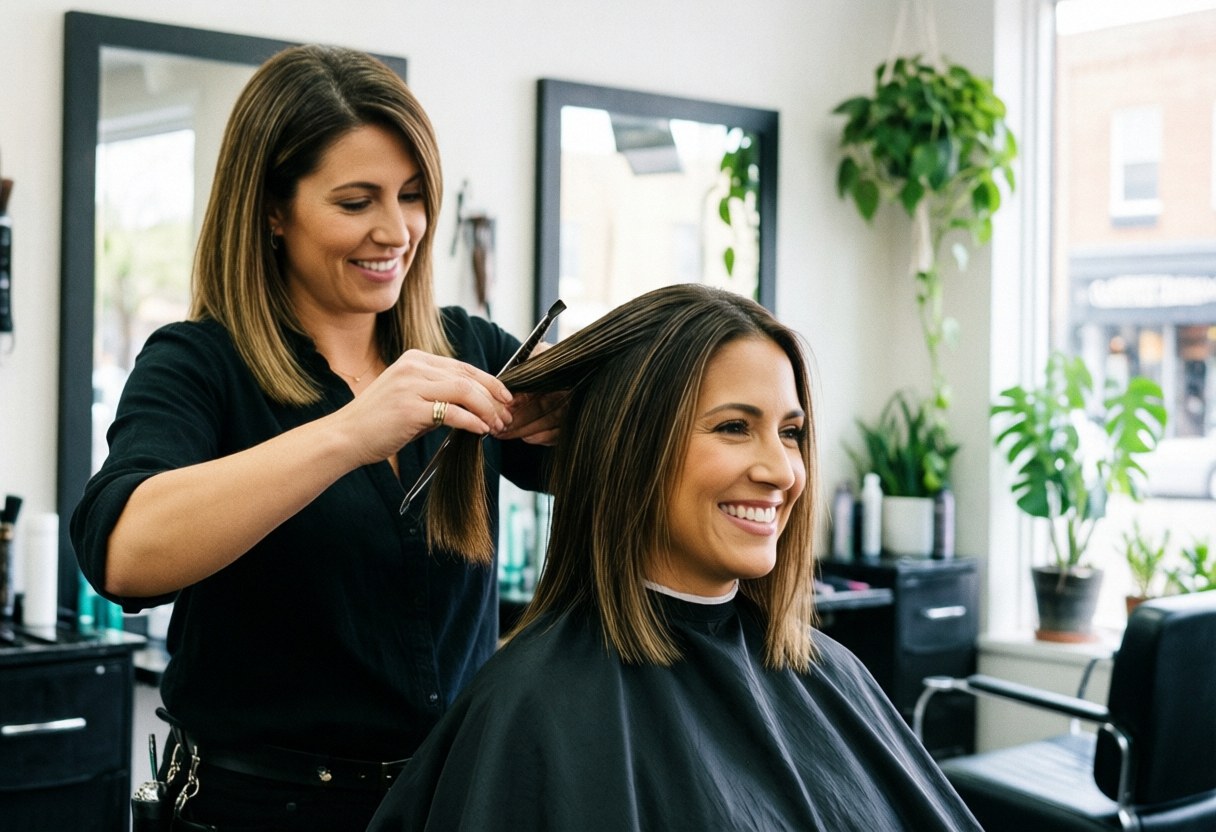 A stylist works on the hair of a smiling female client in a bright salon with plants