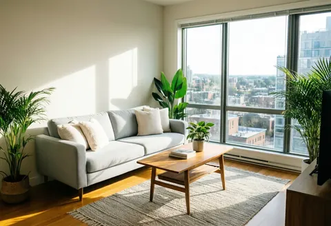 Bright living room with gray sofa, wooden table, plants, and city view windows in apartment for sale