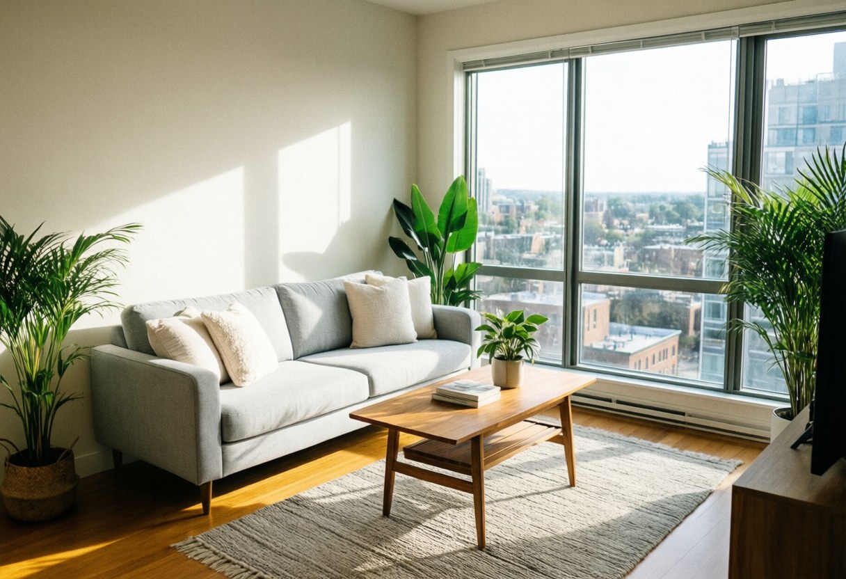 Bright living room with gray sofa, wooden table, plants, and city view windows in apartment for sale