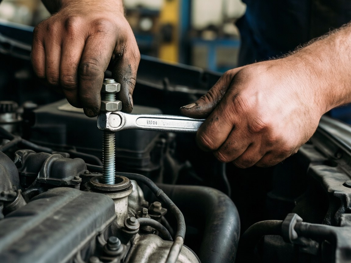 Close-up of mechanic hands using a wrench to tighten an engine bolt on a car