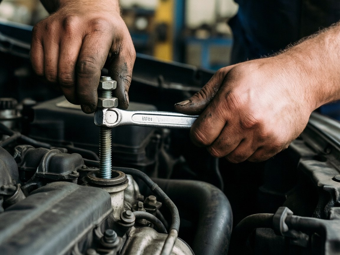 Close-up of mechanic hands using a wrench to tighten an engine bolt on a car