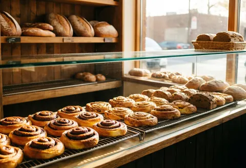 Interior of a small bakery featuring a glass display case filled with fresh bread, cinnamon rolls, and pastries illuminated by morning light.