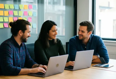 Three young professionals working on laptops at a desk with sticky notes on the wall