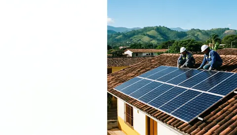 Two technicians installing solar panels on a tiled roof with green mountains and clear sky in the background