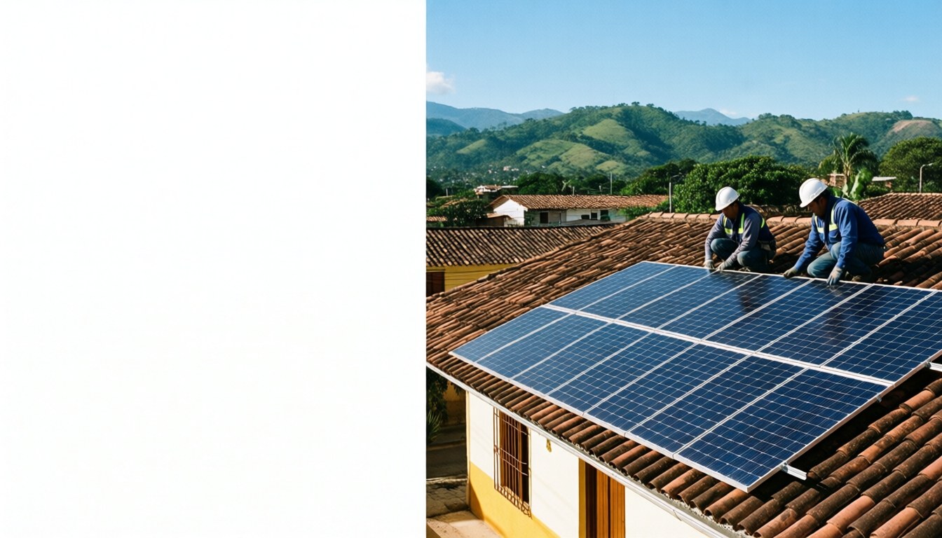 Two technicians installing solar panels on a tiled roof with green mountains and clear sky in the background