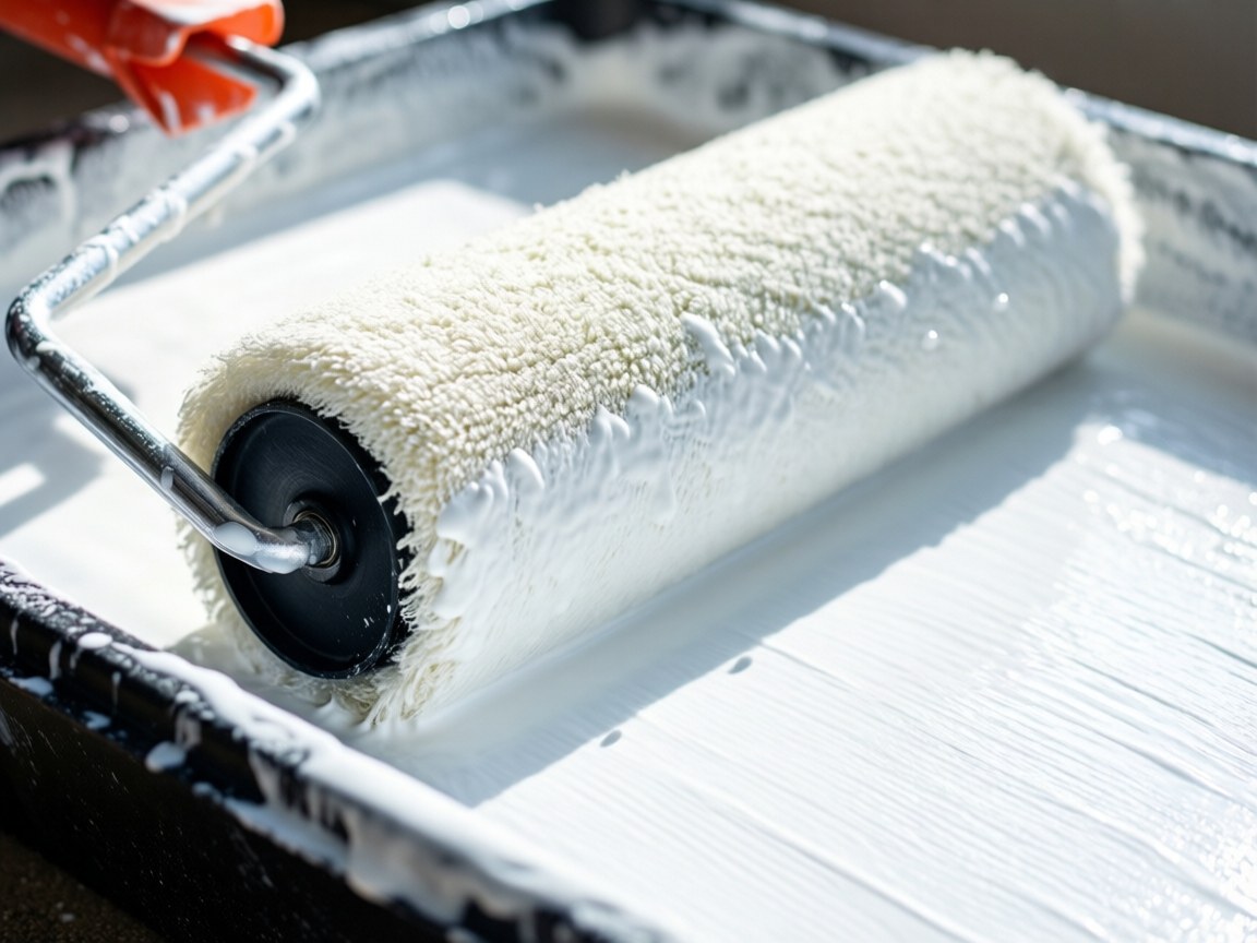 A white paint roller saturated with paint resting in a container, showing texture details and visible drips