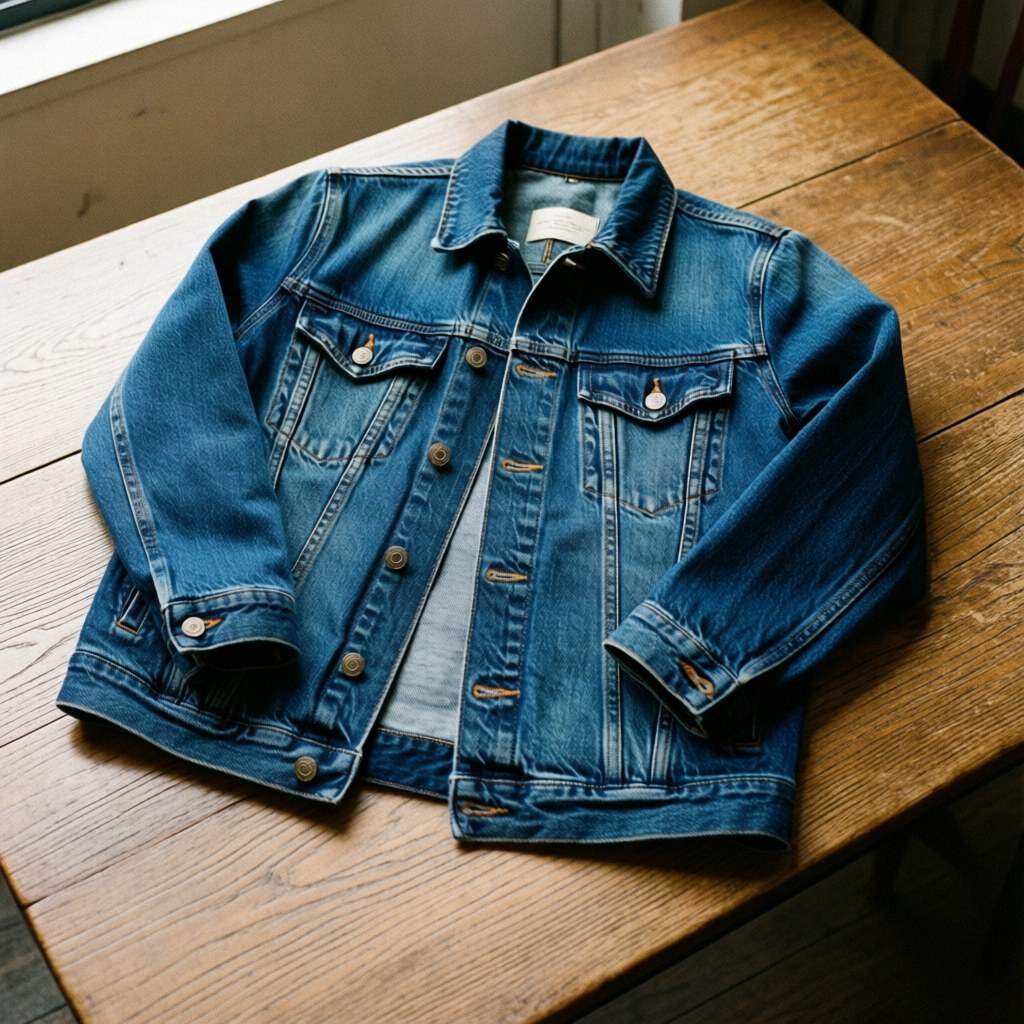 Blue denim jacket displayed on a wooden table with natural lighting and clean realistic details