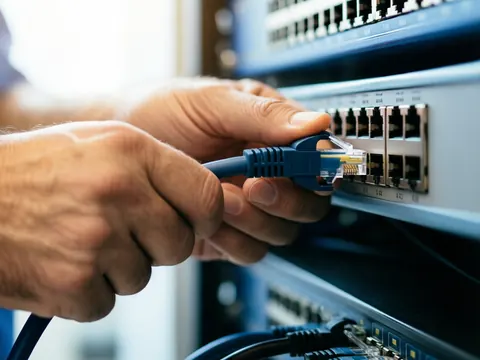 Close-up of technician hands plugging an Ethernet cable into a network switch in an office setting