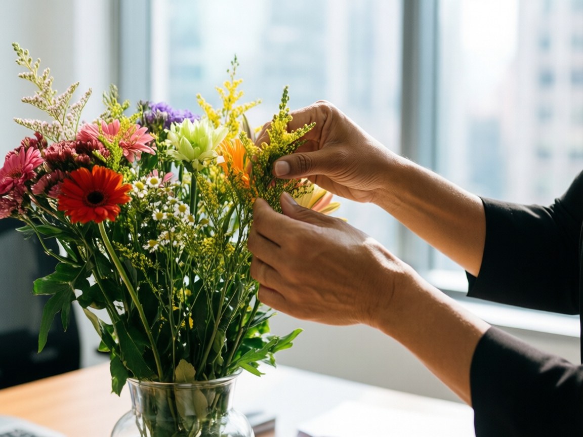 Hands carefully arranging a bouquet of colorful flowers in a vase on an office desk with natural light and a blurred background