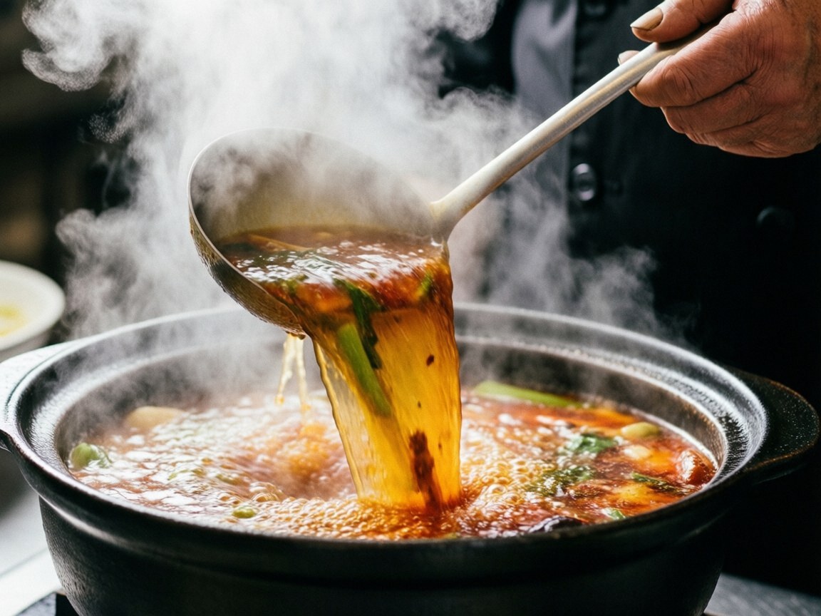 Close-up of a chef ladling hot soup with visible steam rising from the bowl in a food truck setting