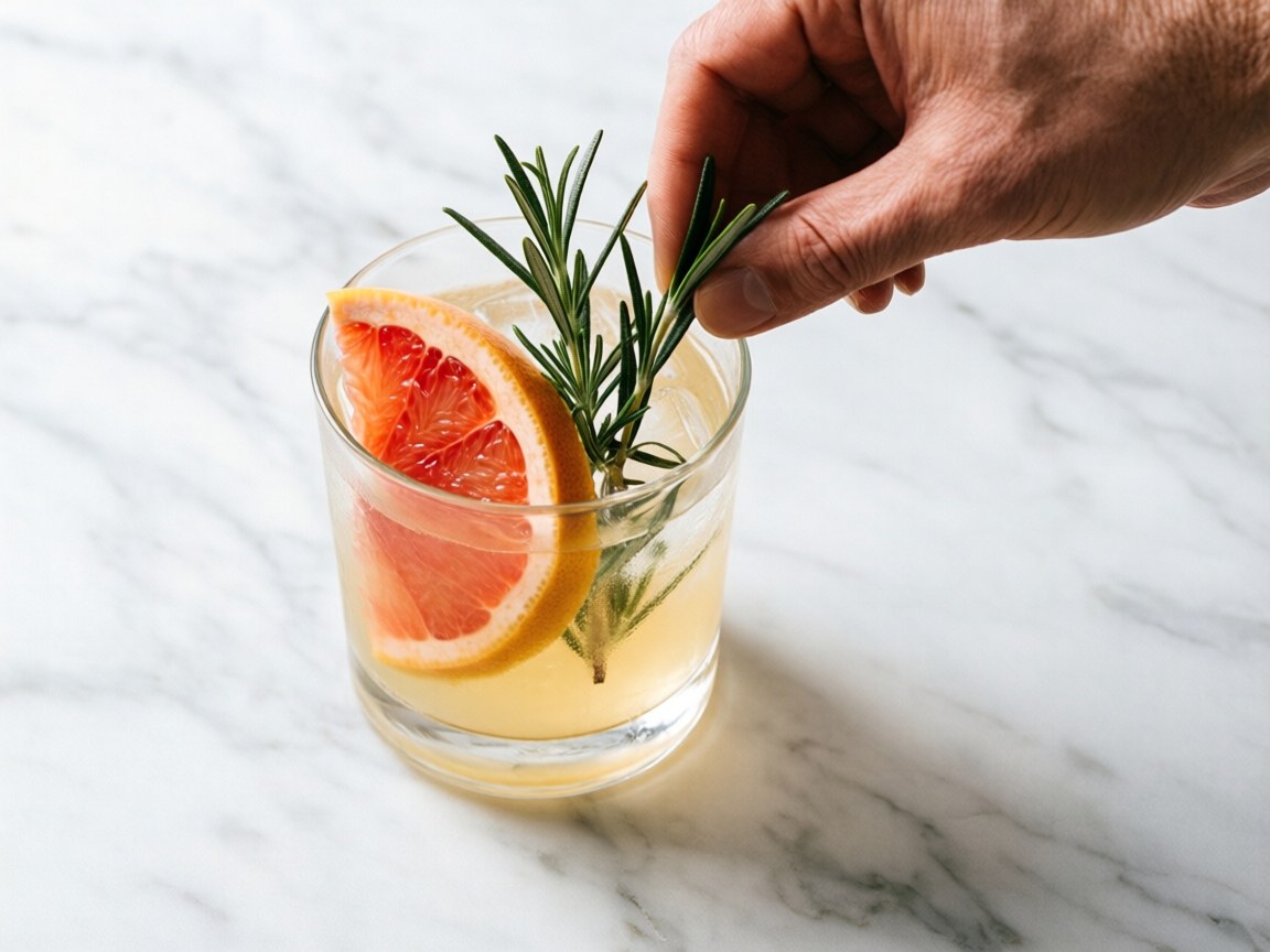 Close-up of a hand placing a sprig of fresh rosemary into a gin and tonic cocktail garnished with a grapefruit slice on a white marble surface